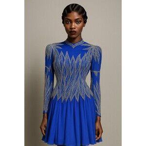 Vintage Jacquline Electric Blue Swing Dress w/Heavy Beaded Bodice 100% Silk SZ 8